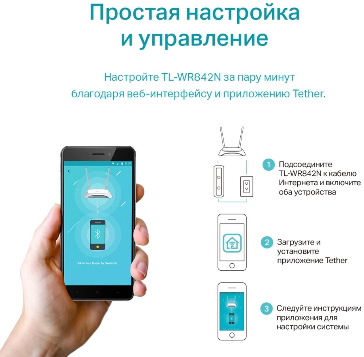 Wi-Fi роутер TP-Link TL-WR842N, 300 Мбит/с, 4 порта 100 Мбит/с, белый