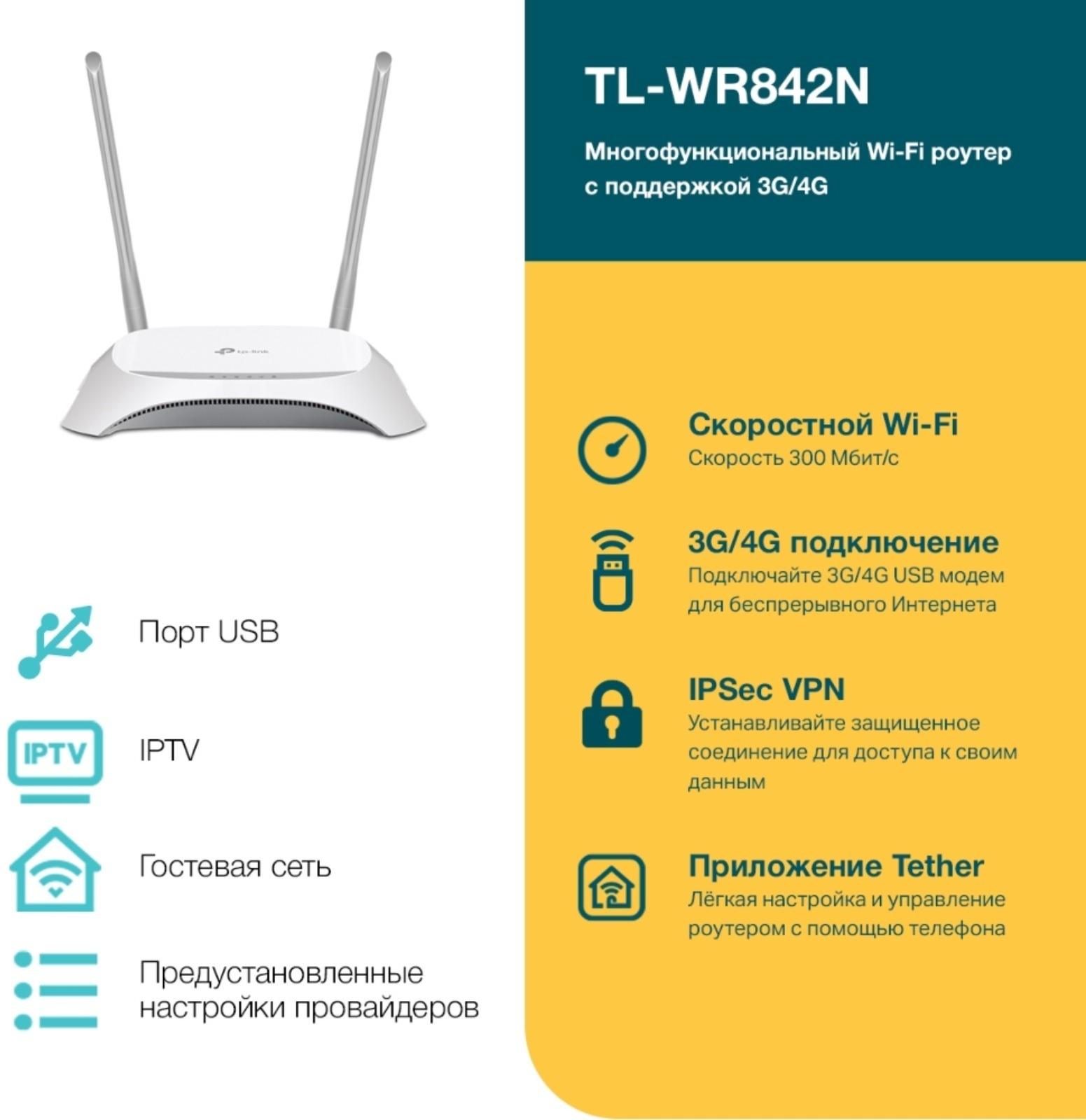 Wi-Fi роутер TP-Link TL-WR842N, 300 Мбит/с, 4 порта 100 Мбит/с, белый
