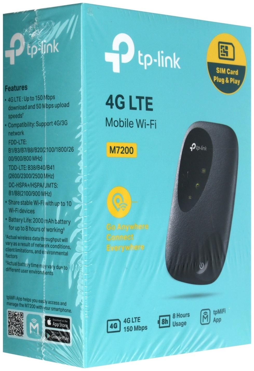 Wi-Fi роутер TP-Link M7200, мобильный, 300 Мбит/с, 150 Мбит/с, 4G, чёрный
