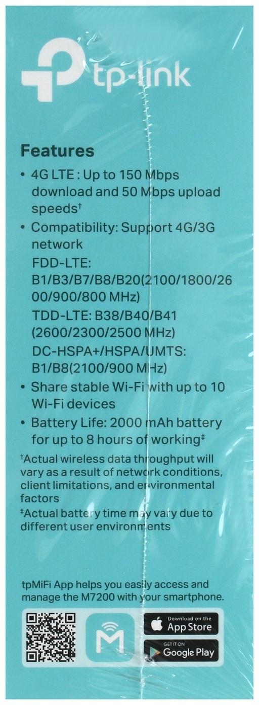 Wi-Fi роутер TP-Link M7200, мобильный, 300 Мбит/с, 150 Мбит/с, 4G, чёрный