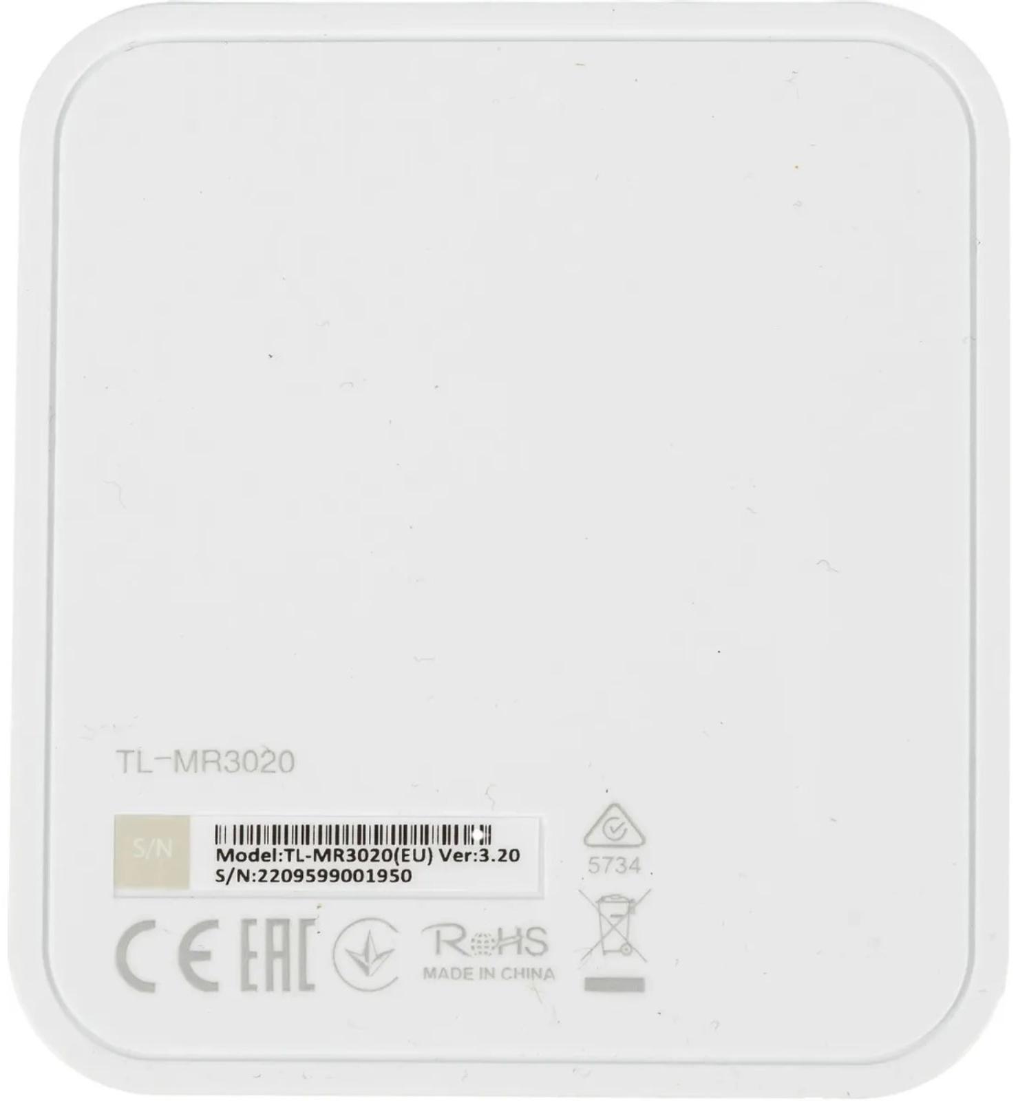 Wi-Fi роутер TP-Link TL-MR3020, 300 Мбит/с, 1 порт 100 Мбит/с, белый