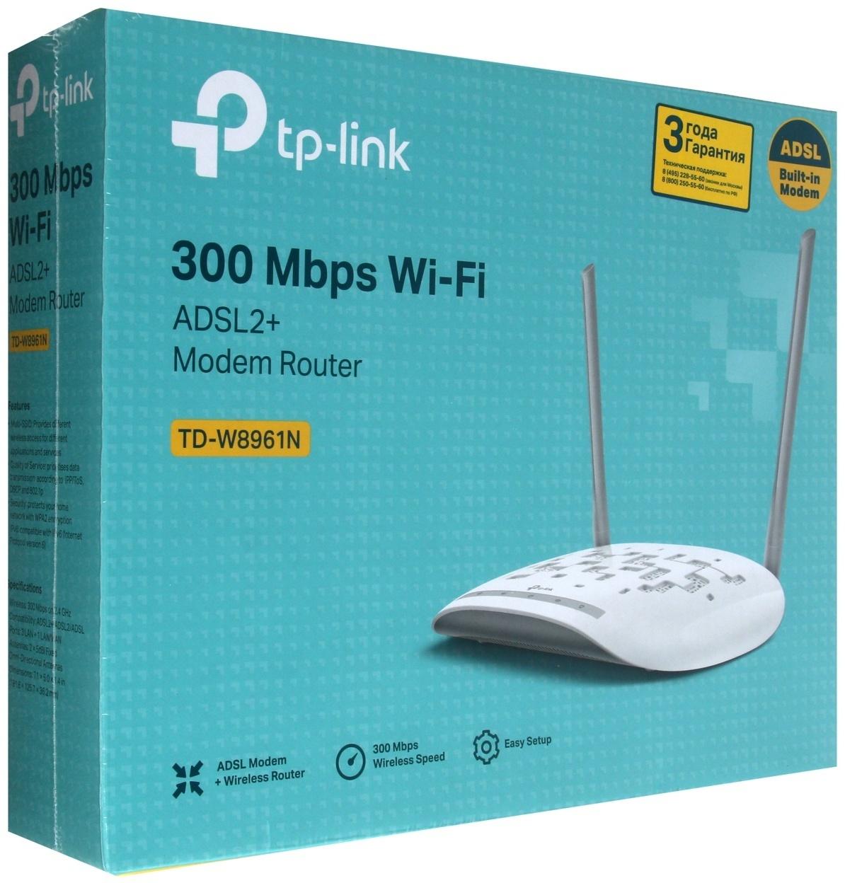 Wi-Fi роутер TP-Link TD-W8961N, 300 Мбит/с, 4 порта 100 Мбит/с, белый