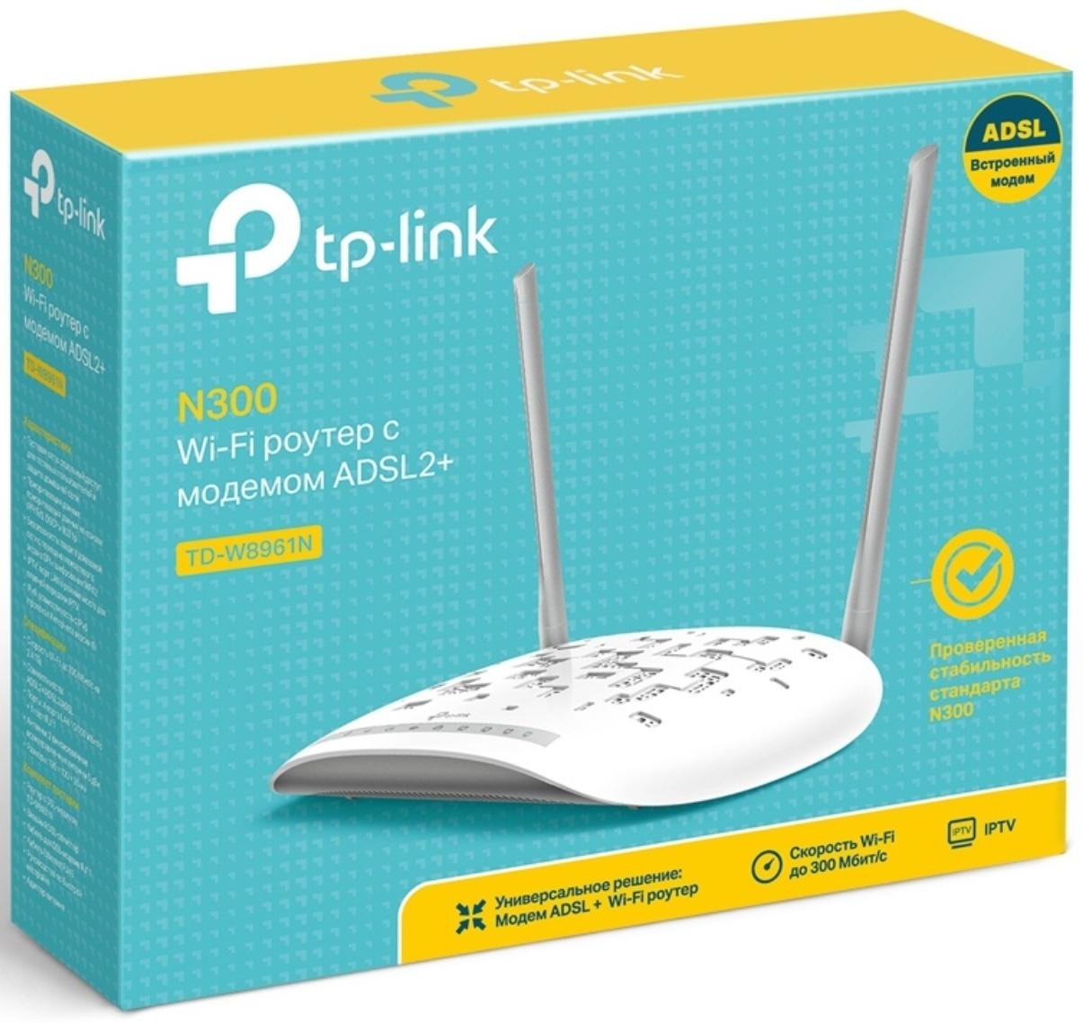 Wi-Fi роутер TP-Link TD-W8961N, 300 Мбит/с, 4 порта 100 Мбит/с, белый