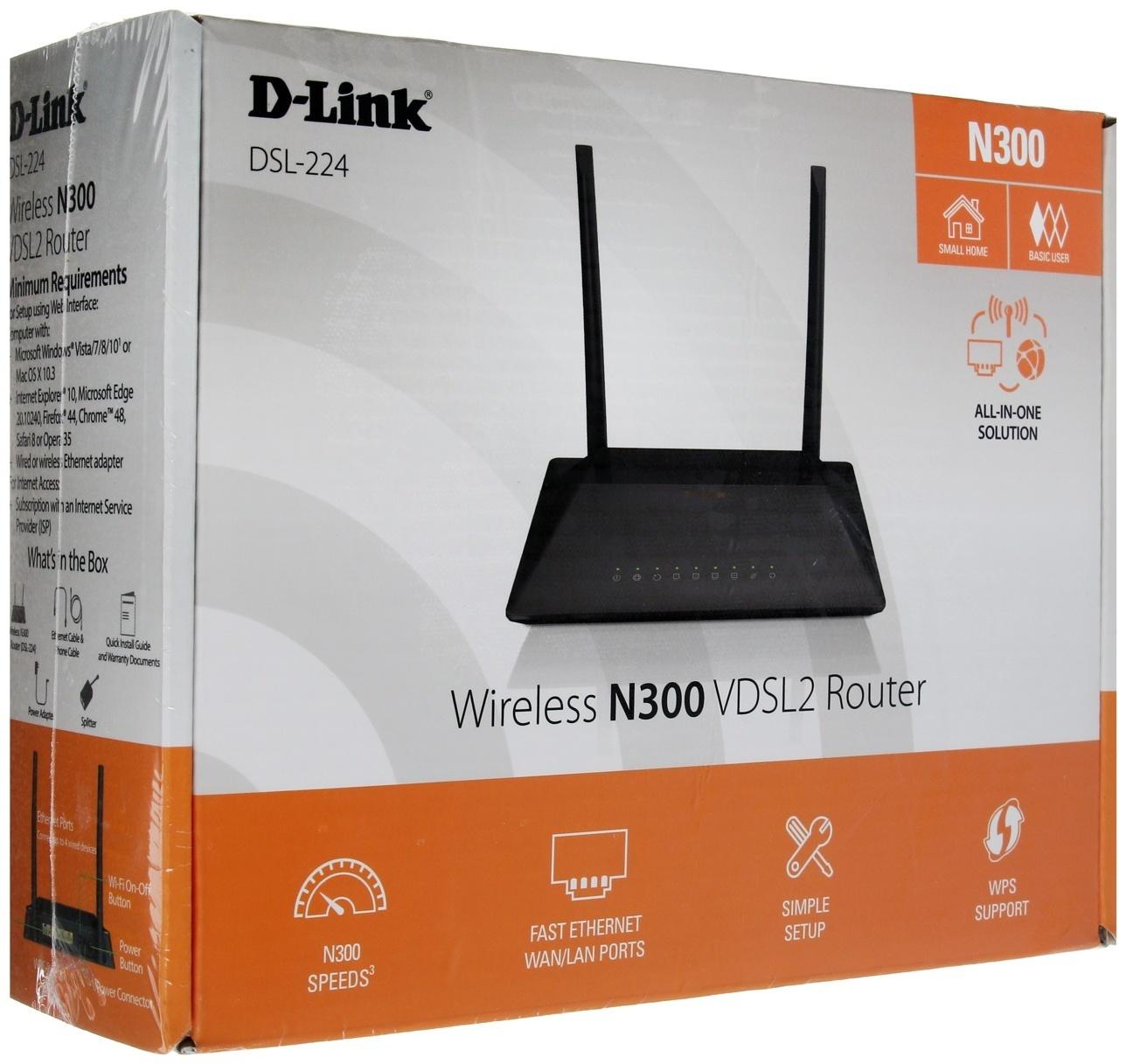 Wi-Fi роутер D-Link DSL-224/R1A, 300 Мбит/с, 4 порта 100 Мбит/с, чёрный