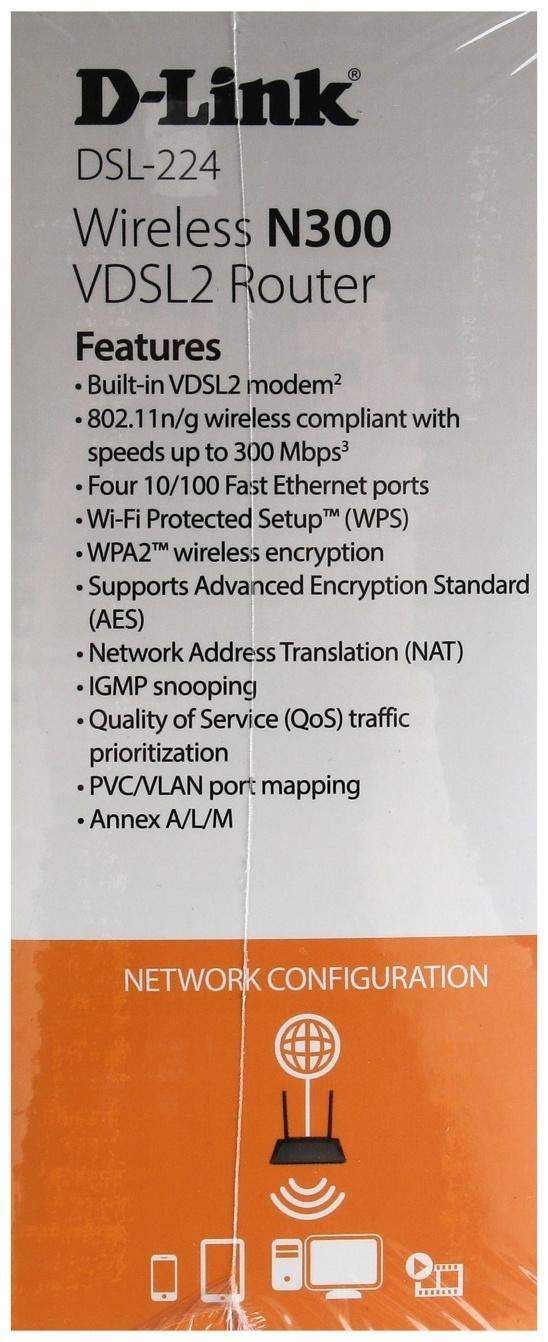 Wi-Fi роутер D-Link DSL-224/R1A, 300 Мбит/с, 4 порта 100 Мбит/с, чёрный