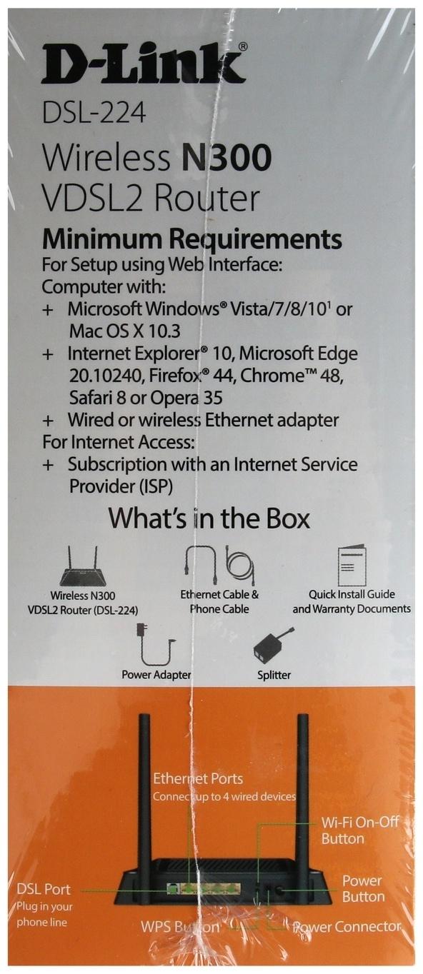 Wi-Fi роутер D-Link DSL-224/R1A, 300 Мбит/с, 4 порта 100 Мбит/с, чёрный