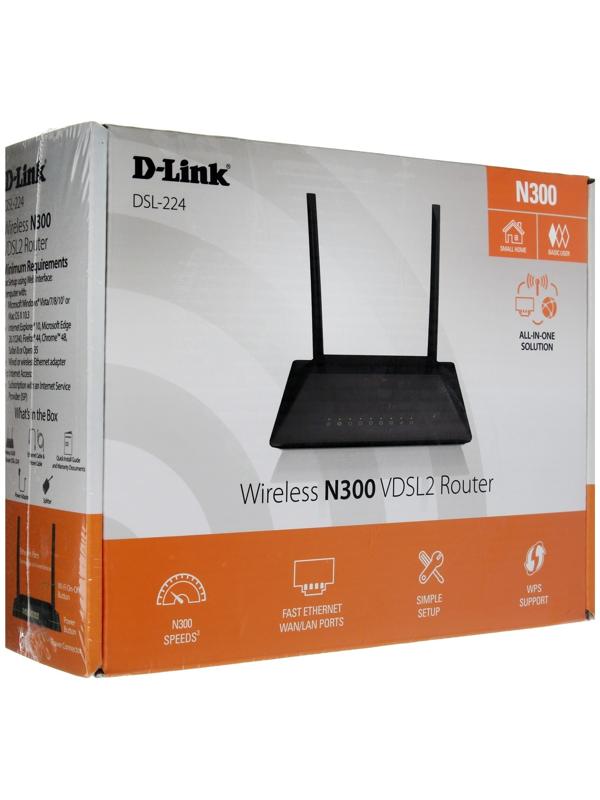 Wi-Fi роутер D-Link DSL-224/R1A, 300 Мбит/с, 4 порта 100 Мбит/с, чёрный