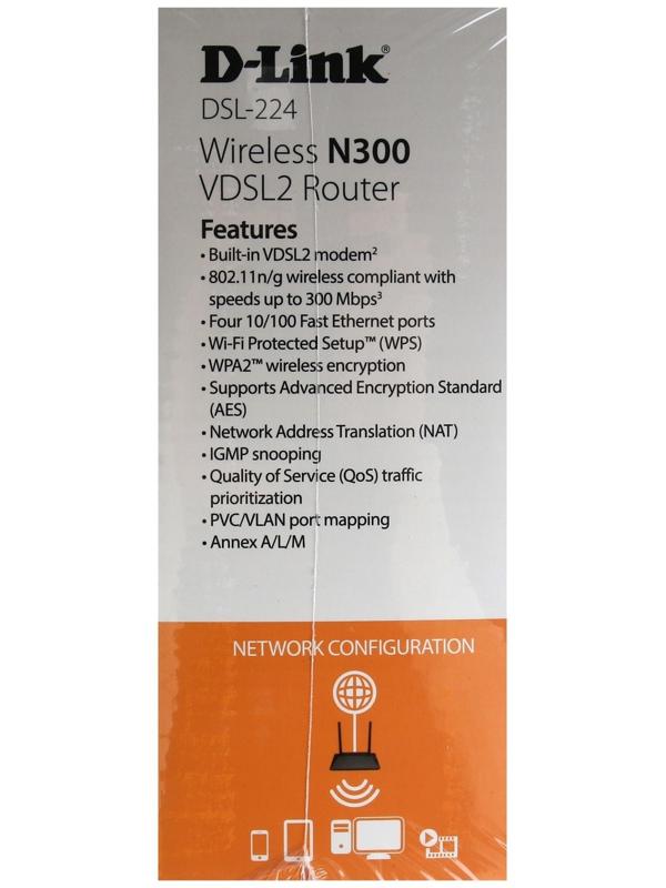 Wi-Fi роутер D-Link DSL-224/R1A, 300 Мбит/с, 4 порта 100 Мбит/с, чёрный