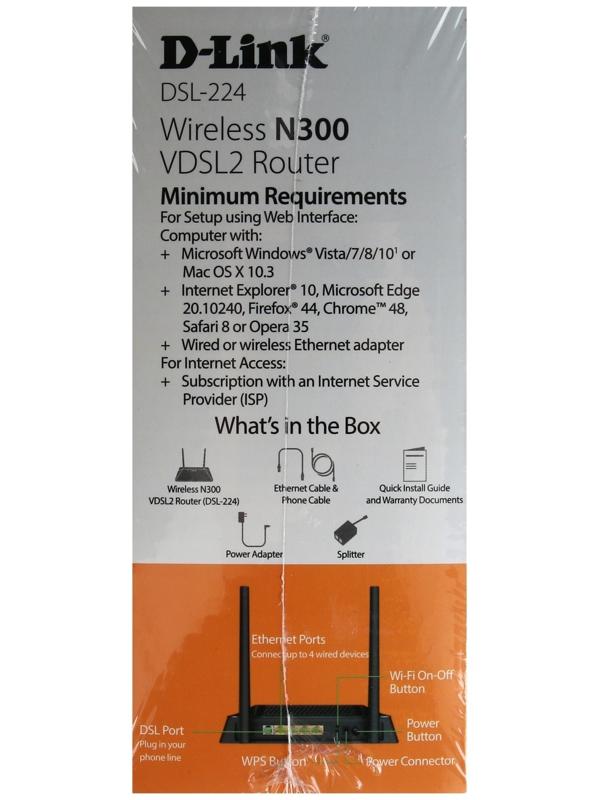 Wi-Fi роутер D-Link DSL-224/R1A, 300 Мбит/с, 4 порта 100 Мбит/с, чёрный