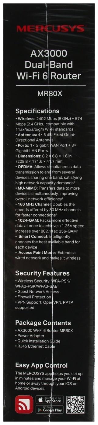 Wi-Fi роутер Mercusys MR80X, 2976 Мбит/с, 3 порта 1000 Мбит/с, чёрный