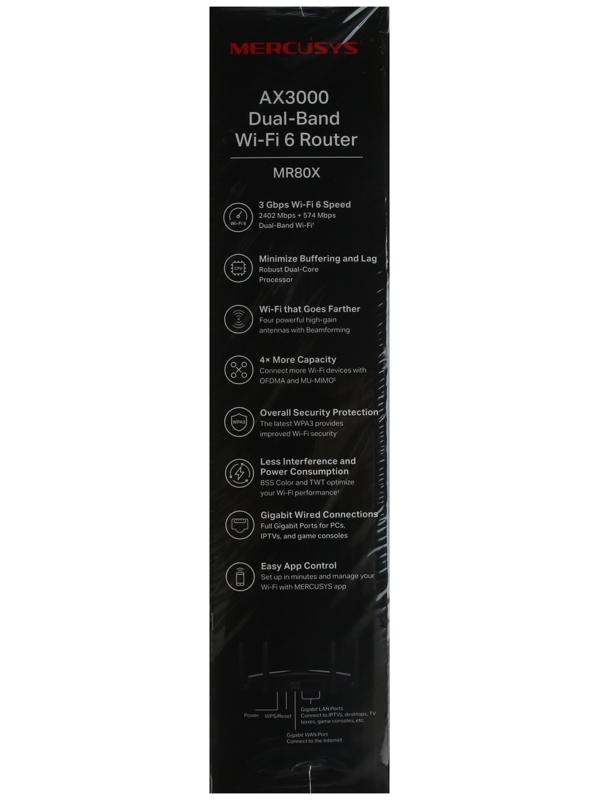 Wi-Fi роутер Mercusys MR80X, 2976 Мбит/с, 3 порта 1000 Мбит/с, чёрный