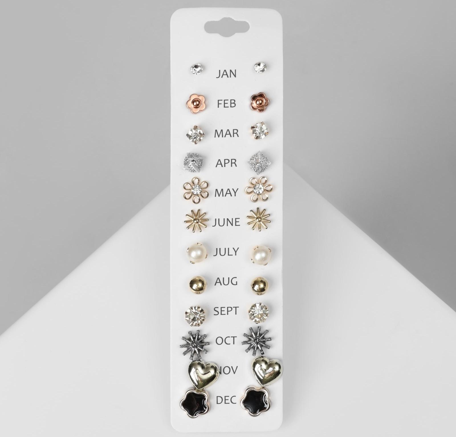 Пусеты 12 пар One year, цветочное настроение, цвет МИКС