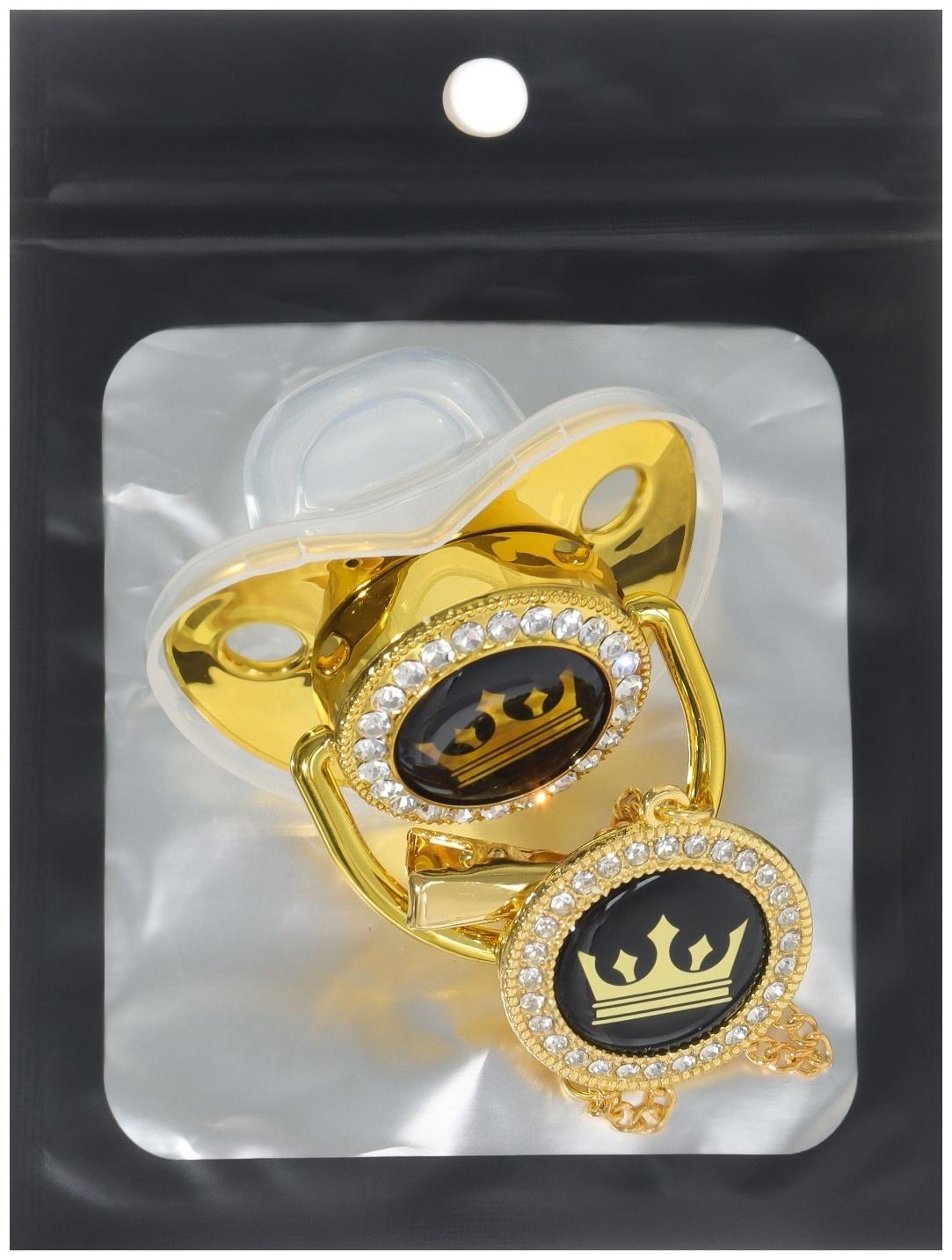 Набор: соска - пустышка ортодонтическая с держателем «Корона», с колпачком, от 6 мес.,золотая, стразы