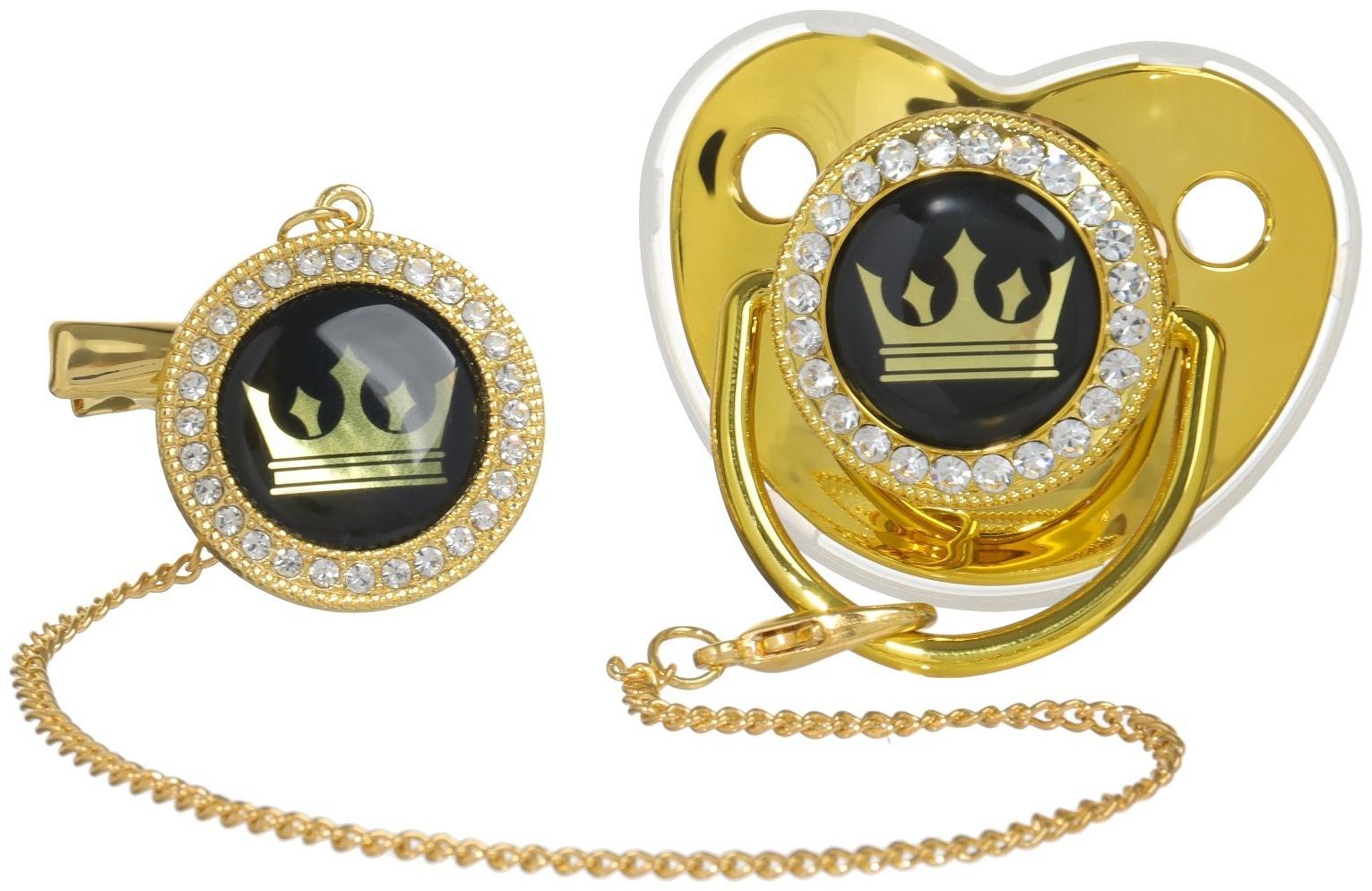 Набор: соска - пустышка ортодонтическая с держателем «Корона», с колпачком, от 6 мес.,золотая, стразы