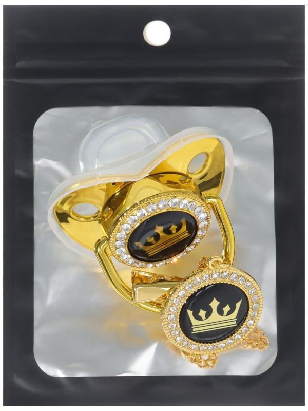 Набор: соска - пустышка ортодонтическая с держателем «Корона», с колпачком, от 6 мес.,золотая, стразы