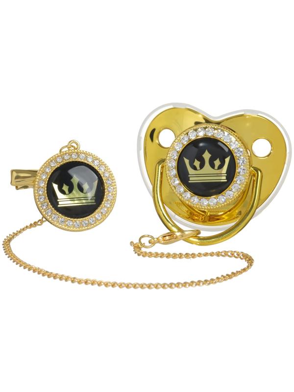 Набор: соска - пустышка ортодонтическая с держателем «Корона», с колпачком, от 6 мес.,золотая, стразы