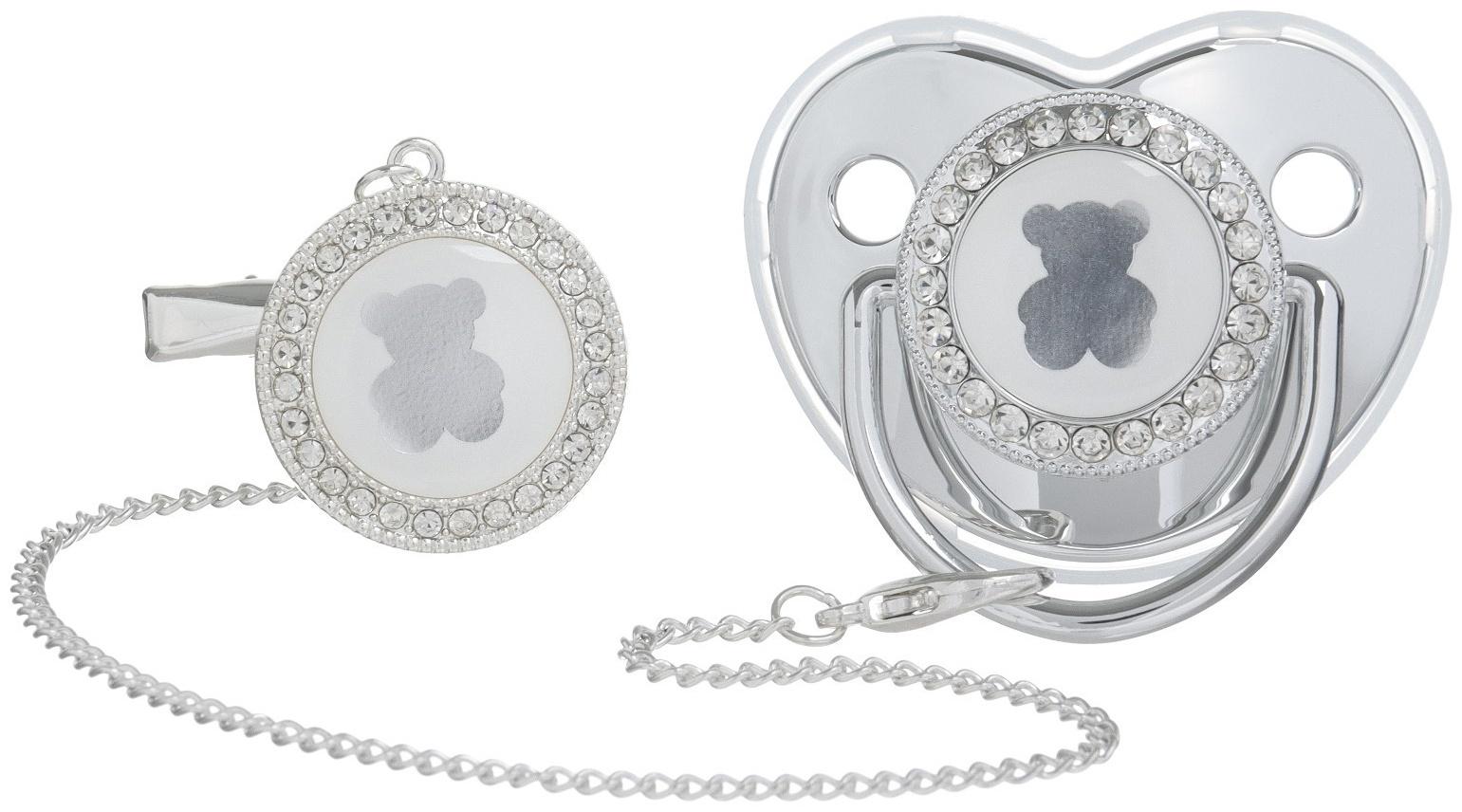 Набор: соска - пустышка ортодонтическая с держателем «Мишка», с колпачком, от 6 мес., серебряная, стразы