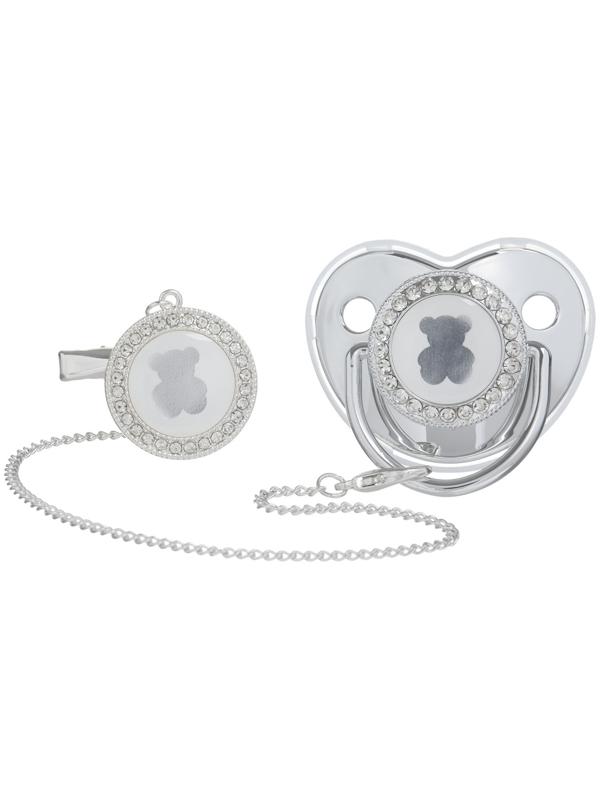 Набор: соска - пустышка ортодонтическая с держателем «Мишка», с колпачком, от 6 мес., серебряная, стразы