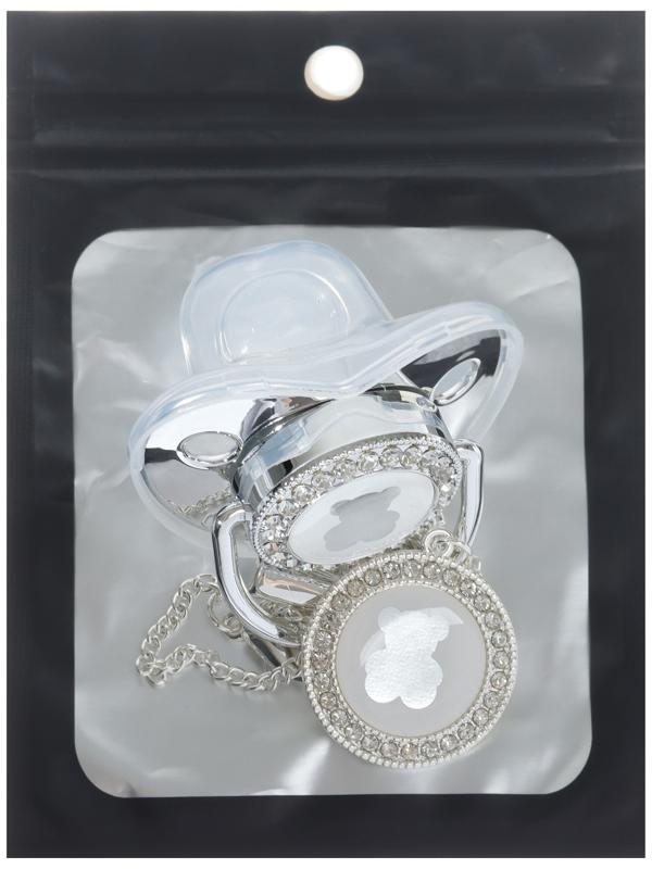 Набор: соска - пустышка ортодонтическая с держателем «Мишка», с колпачком, от 6 мес., серебряная, стразы