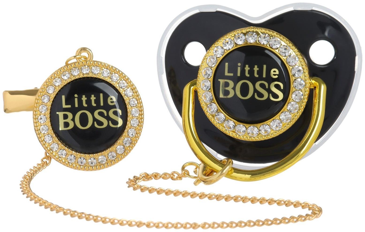 Набор: соска - пустышка ортодонтическая с держателем «Маленький босс», с колпачком, от 6 мес.,золотая, стразы