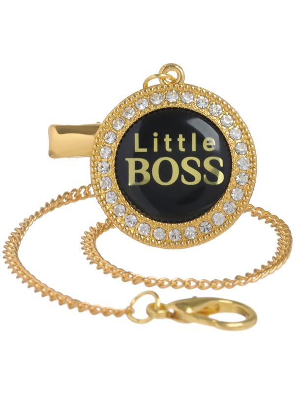 Набор: соска - пустышка ортодонтическая с держателем «Маленький босс», с колпачком, от 6 мес.,золотая, стразы