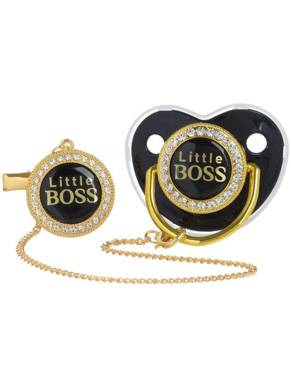 Набор: соска - пустышка ортодонтическая с держателем «Маленький босс», с колпачком, от 6 мес.,золотая, стразы