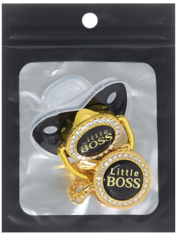 Набор: соска - пустышка ортодонтическая с держателем «Маленький босс», с колпачком, от 6 мес.,золотая, стразы