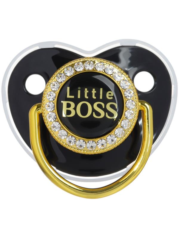 Набор: соска - пустышка ортодонтическая с держателем «Маленький босс», с колпачком, от 6 мес.,золотая, стразы