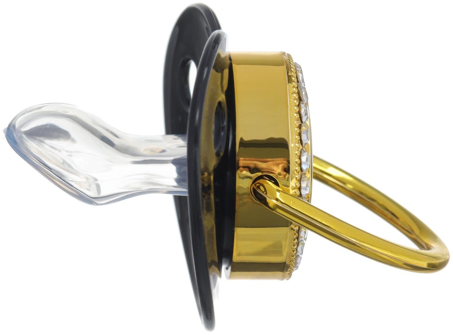 Набор: соска - пустышка ортодонтическая с держателем «Я тут главный», с колпачком, от 6 мес.,золотаяя, стразы