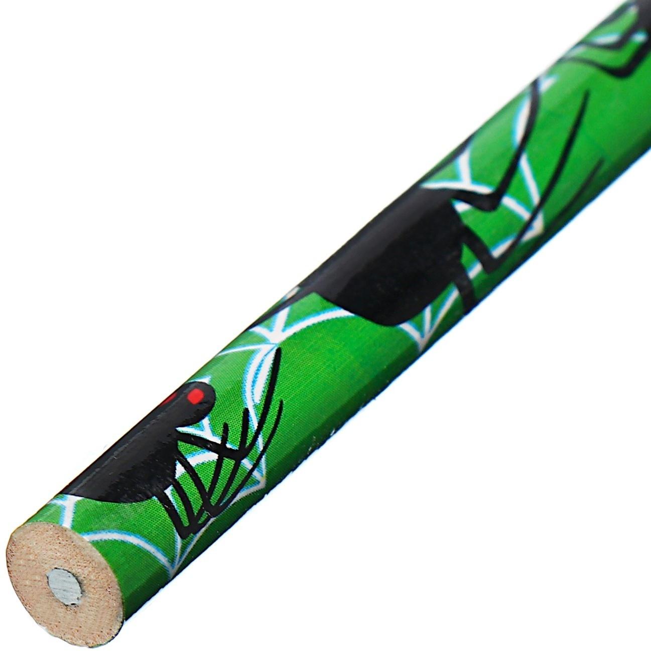 Карандаш чернографитный НВ с ластиком, корпус круглый, Пауки