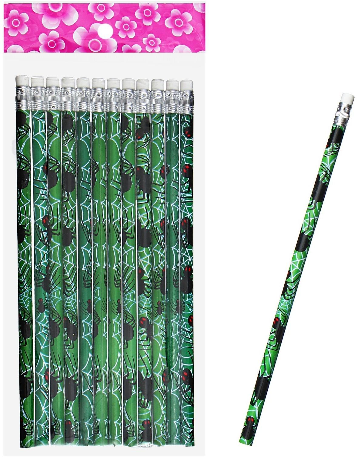 Карандаш чернографитный НВ с ластиком, корпус круглый, Пауки