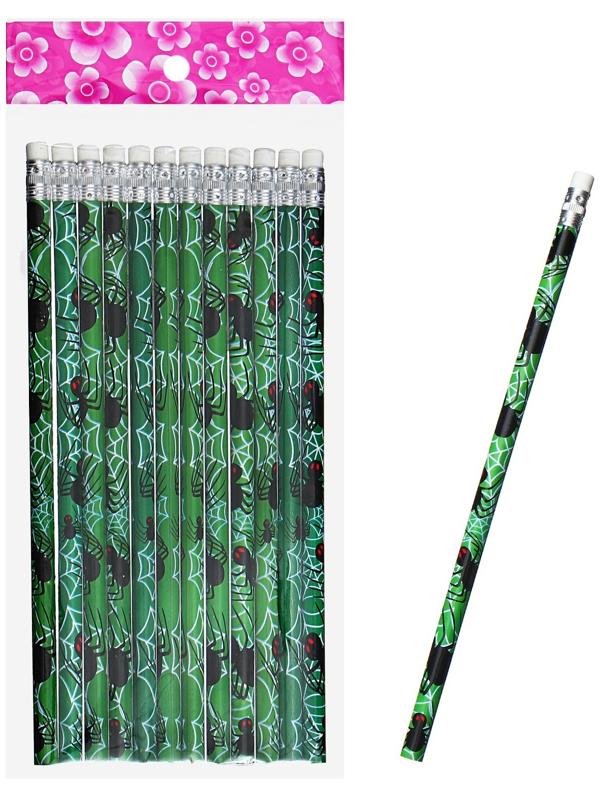 Карандаш чернографитный НВ с ластиком, корпус круглый, Пауки