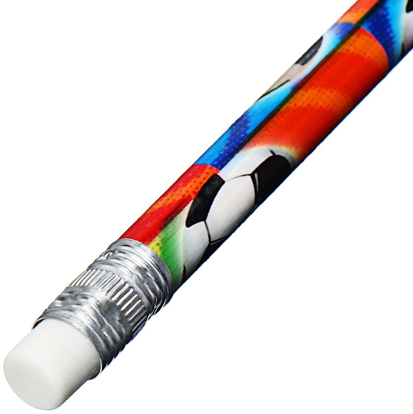 Карандаш чернографитный НВ с ластиком, корпус круглый, Футбол