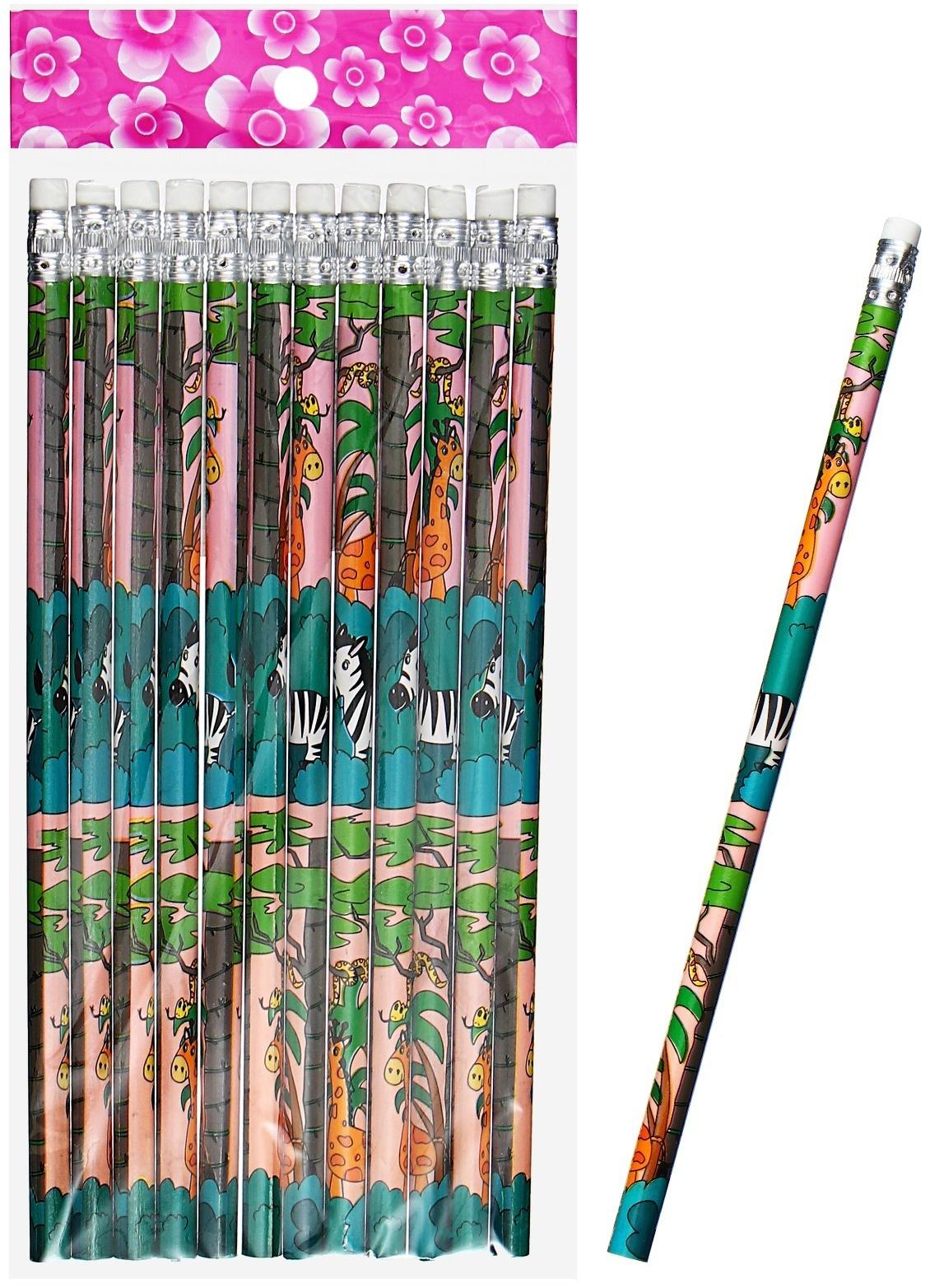 Карандаш чернографитный НВ с ластиком, корпус круглый, Зверушки