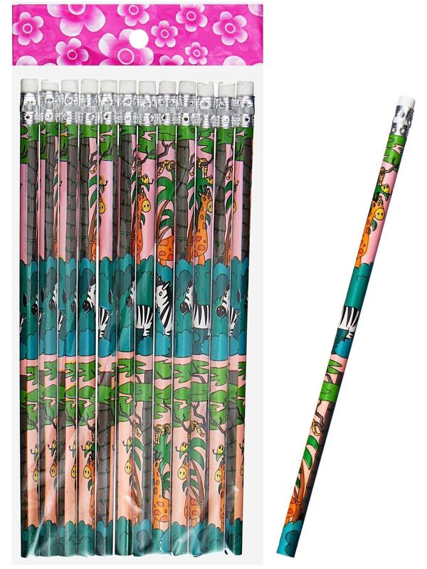 Карандаш чернографитный НВ с ластиком, корпус круглый, Зверушки