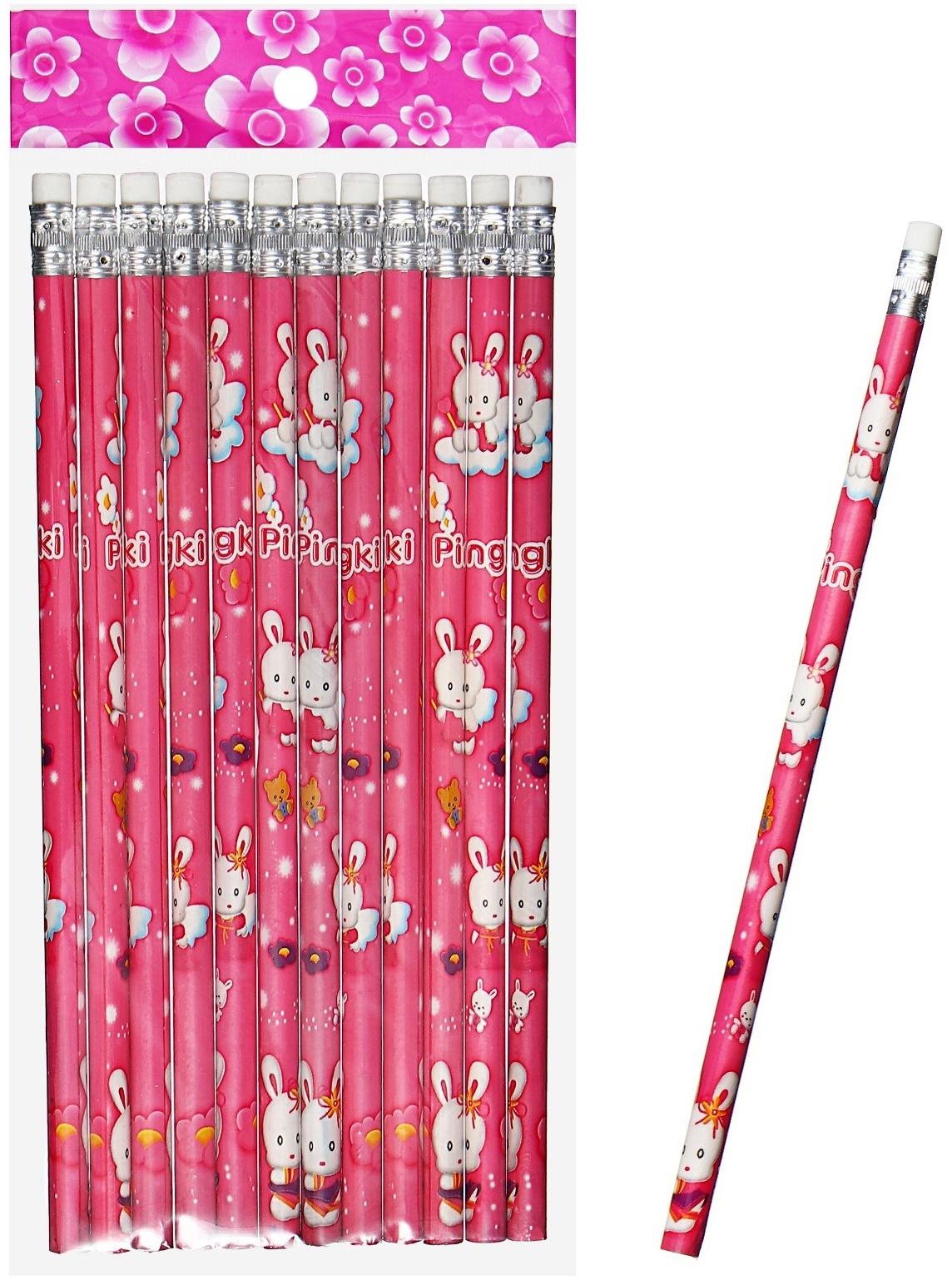 Карандаш чернографитный НВ с ластиком, корпус круглый, Зайка