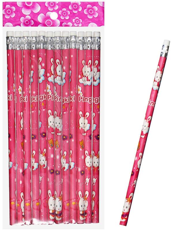 Карандаш чернографитный НВ с ластиком, корпус круглый, Зайка