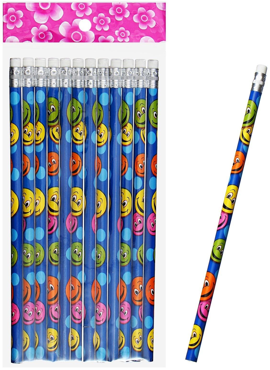 Карандаш чернографитный НВ с ластиком, корпус круглый, Смайлы