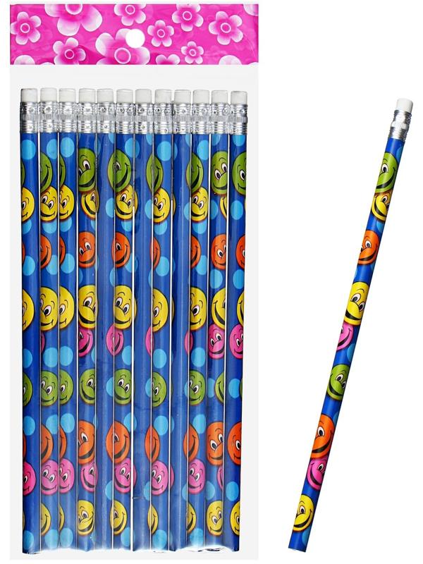 Карандаш чернографитный НВ с ластиком, корпус круглый, Смайлы