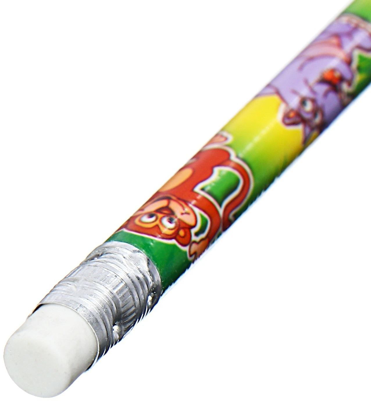 Карандаш чернографитный НВ с ластиком, корпус круглый, Зоопарк