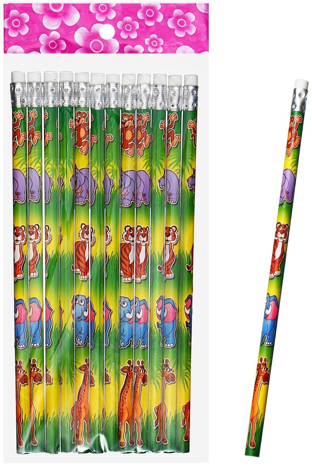 Карандаш чернографитный НВ с ластиком, корпус круглый, Зоопарк