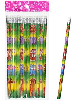 Карандаш чернографитный НВ с ластиком, корпус круглый, Зоопарк