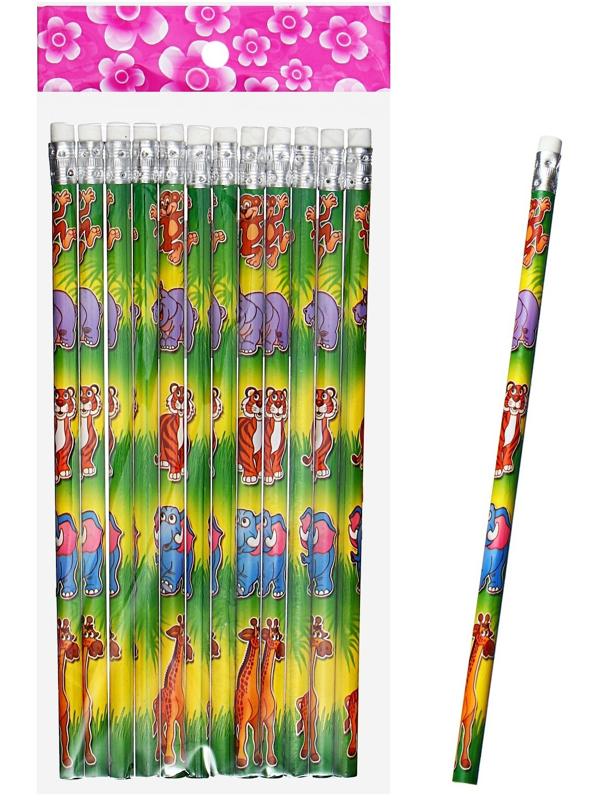 Карандаш чернографитный НВ с ластиком, корпус круглый, Зоопарк