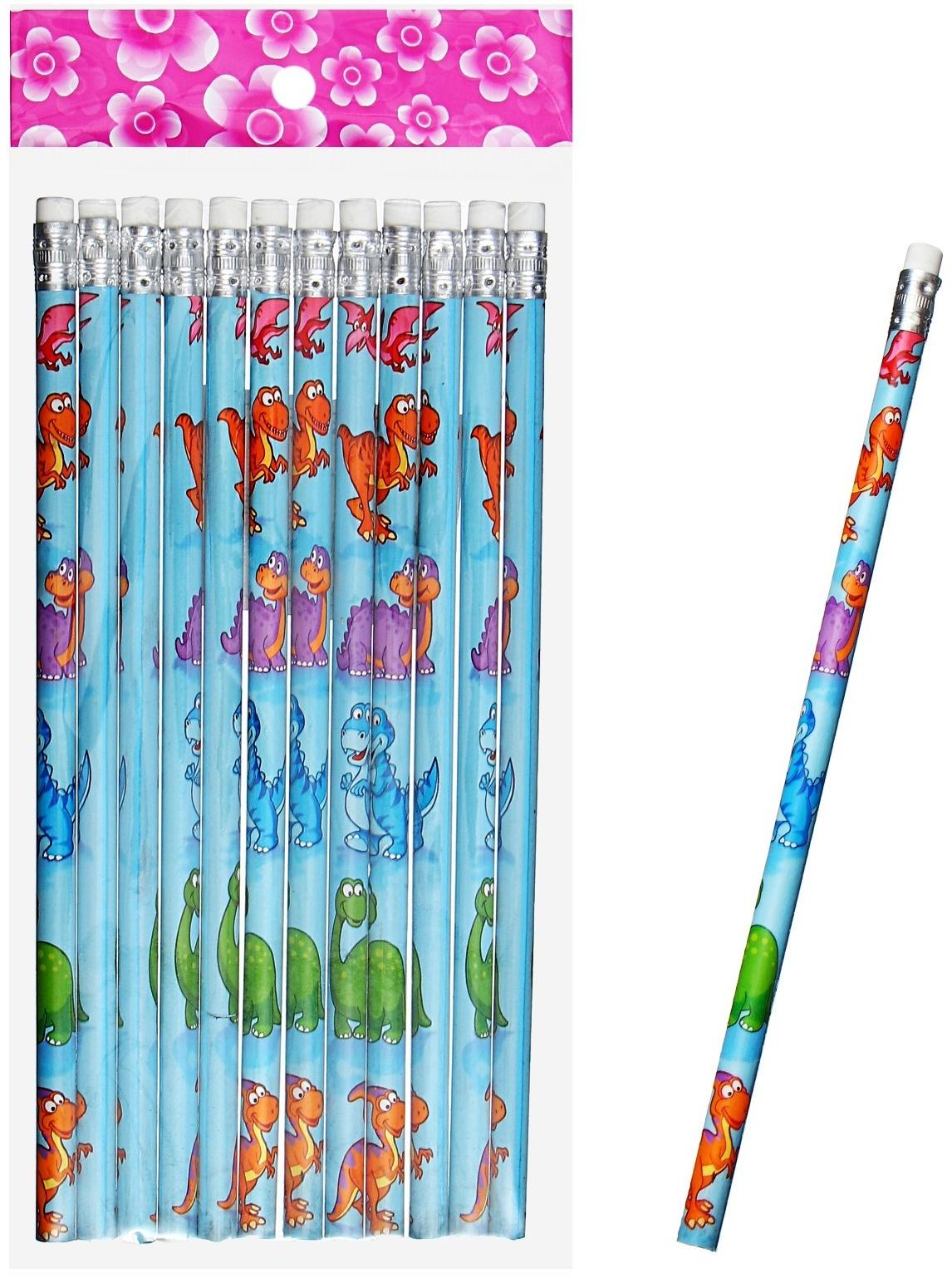 Карандаш чернографитный НВ с ластиком, корпус круглый, Динозаврики