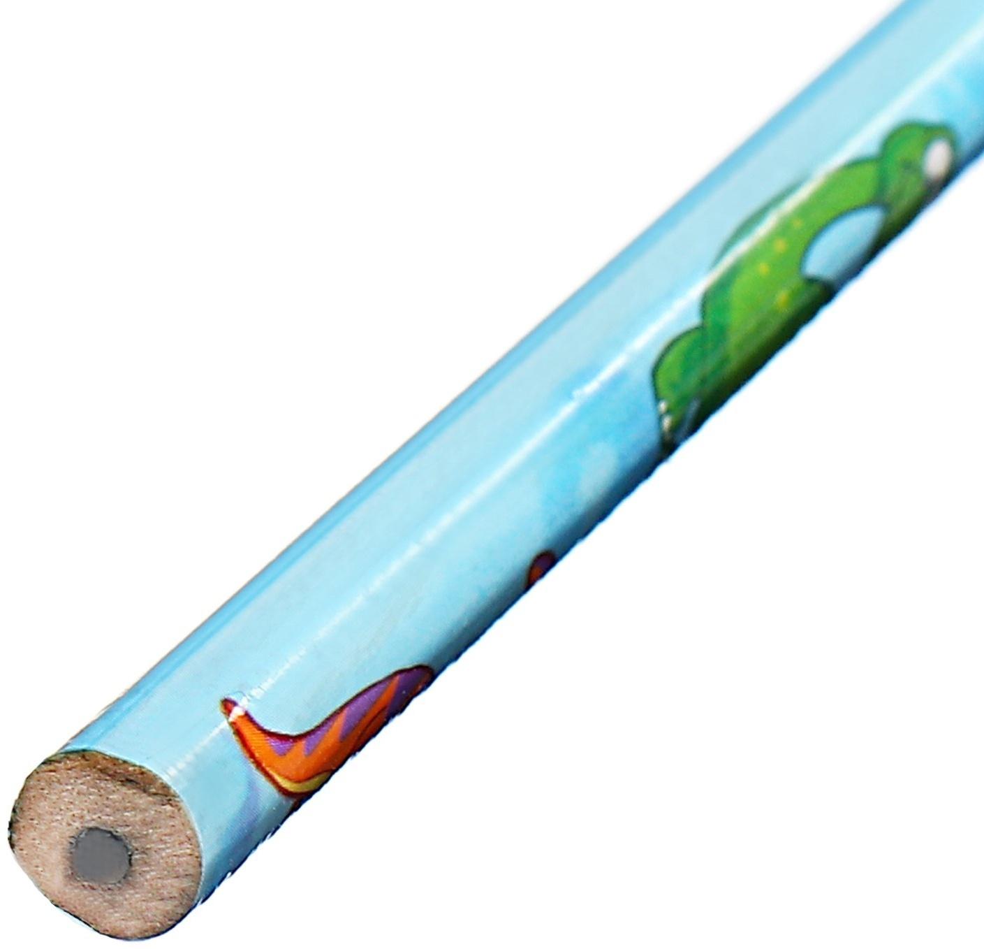 Карандаш чернографитный НВ с ластиком, корпус круглый, Динозаврики