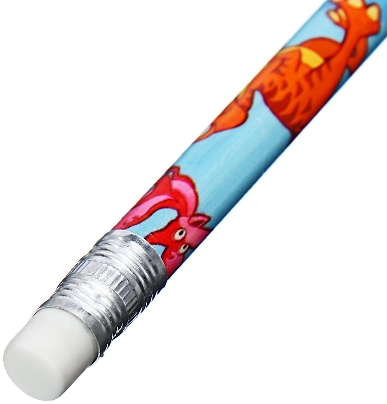 Карандаш чернографитный НВ с ластиком, корпус круглый, Динозаврики