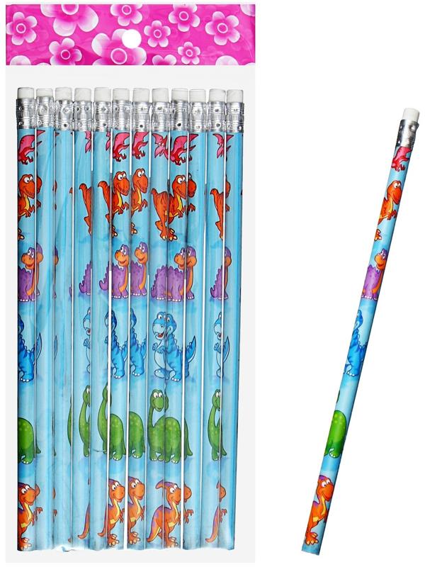 Карандаш чернографитный НВ с ластиком, корпус круглый, Динозаврики