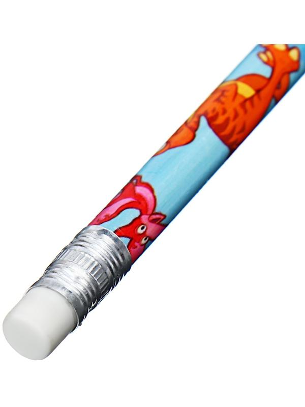 Карандаш чернографитный НВ с ластиком, корпус круглый, Динозаврики