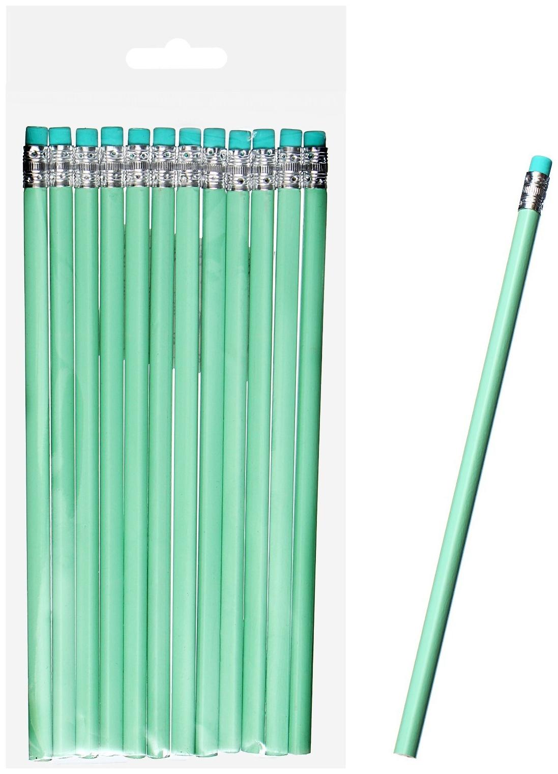 Карандаш чернографитный НВ с ластиком, корпус треугольный, Пастель мятный