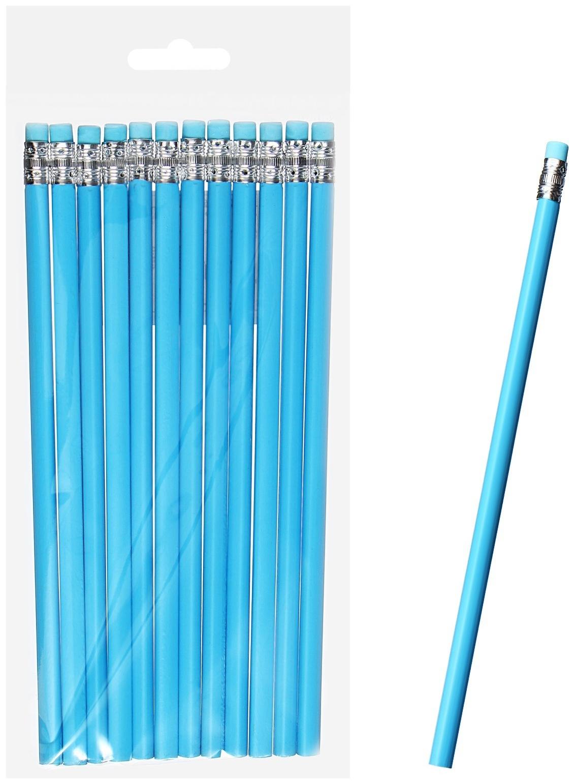 Карандаш чернографитный НВ с ластиком, корпус треугольный, Пастель голубой